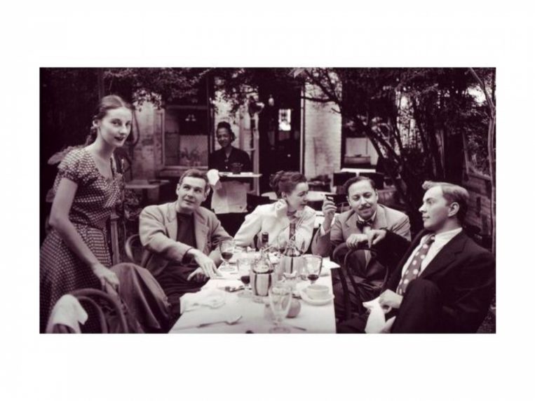 Tanaquil LeClercq, Donald Windham, Buffie Johnson, Tennessee Williams, and Gore Vidal. In an essay on this photo, Vidal writes that “it perfectly evokes an optimistic time in our history that we are not apt to see again soon.” Credit: Karl Bissinger.